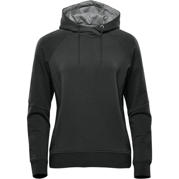 A women's hoodie in dark grey, featuring a hood and a casual design, with a subtle logo.