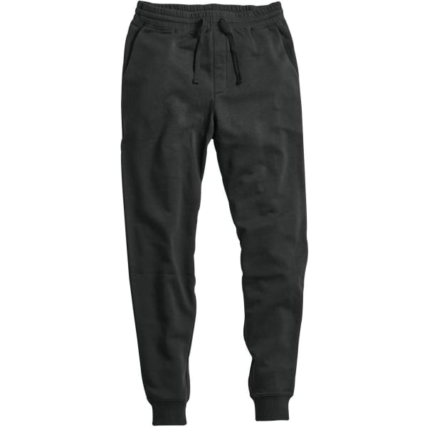 A pair of black track pants featuring an elasticised waistband and cuffs, with a logo present on the garment.