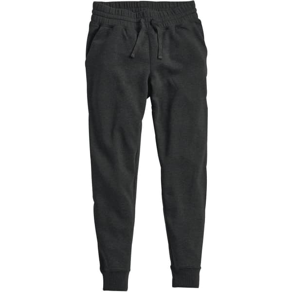 A pair of dark grey women's track pants with an elastic waistband and cuffs, featuring side pockets and a logo.