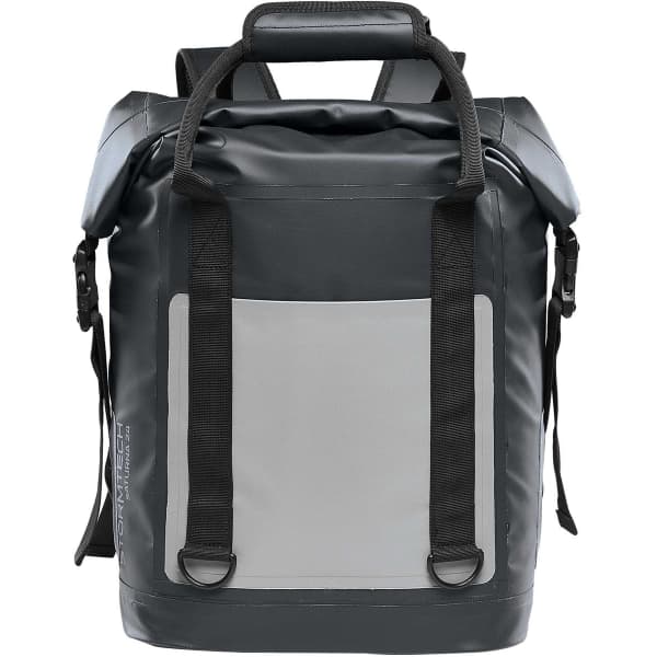 A cooler bag in dark green with grey accents, featuring adjustable straps and a sturdy handle, includes a logo.
