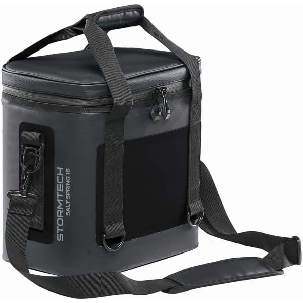 A grey cooler bag with black accents, featuring a shoulder strap and a branded logo.