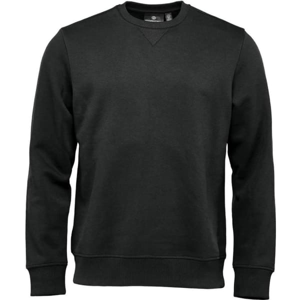 A black men's crew pullover jumper with long sleeves and a round neckline. It features a logo on the front.
