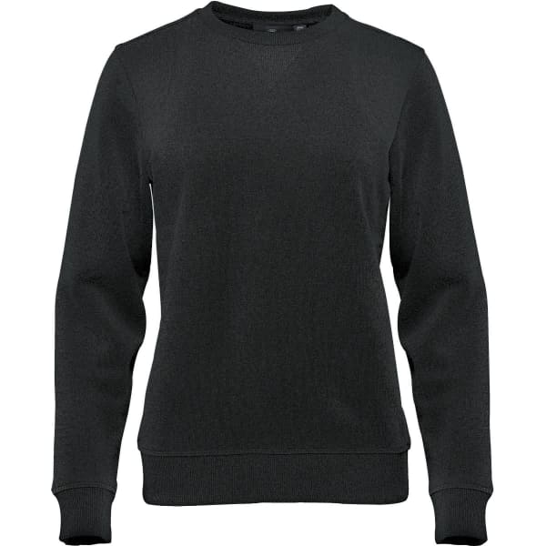 A black women's sweater with a crew neckline and long sleeves, featuring a logo.