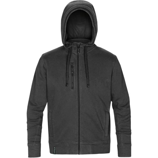A grey full zip hoody with a hood and front zip pockets, featuring a logo on the side.