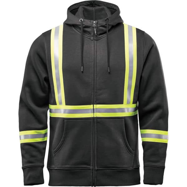 A men's black hoody with reflective yellow stripes and a front zip. It features a hood and pockets.
