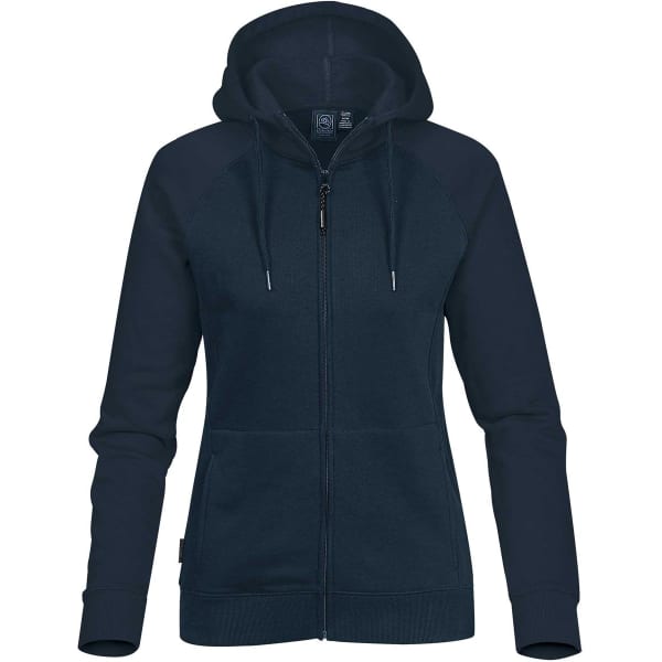A women's zip hoody in navy, featuring a hood, front pockets, and a logo on the sleeve.