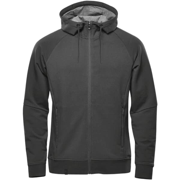 A black full zip hoodie with a grey interior, featuring a hood and raglan sleeves, and includes a logo.