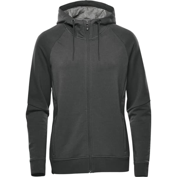 A women's full zip hoodie in dark grey, featuring a hood and raglan sleeves, with a branded logo.