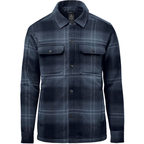 A men's jacket featuring a dark blue and grey plaid pattern with button-up front and chest pockets.