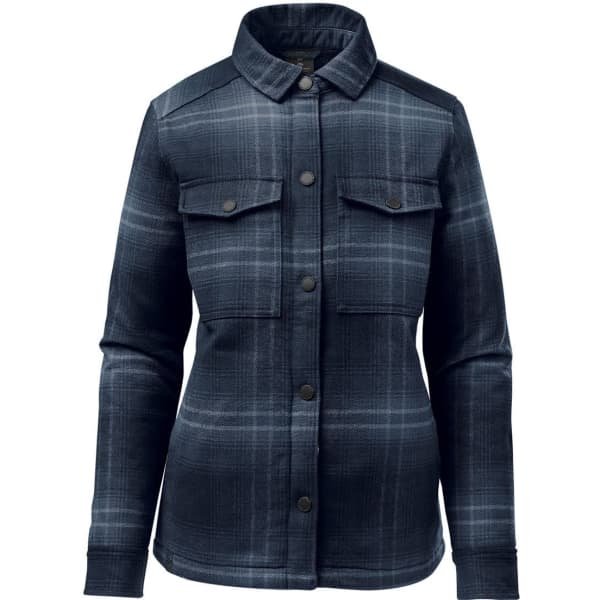 A navy plaid women's jacket with button-up front, two chest pockets, and a collar. Features brand logo.