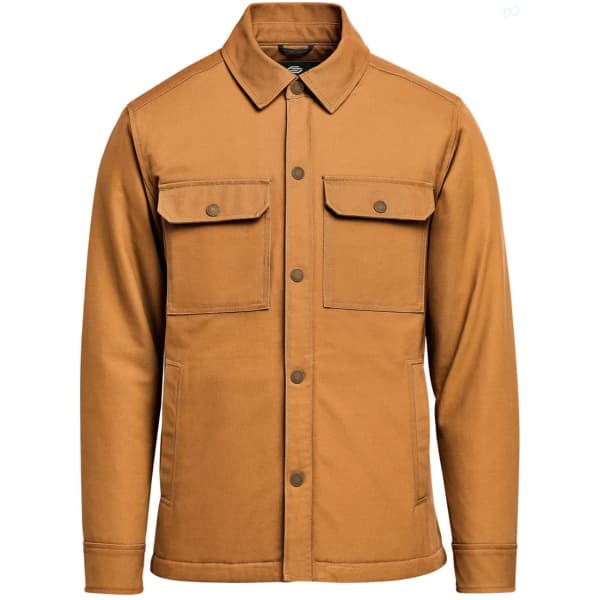 A tan jacket with a collared neck, button closure, and two chest pockets, featuring a logo on the chest.