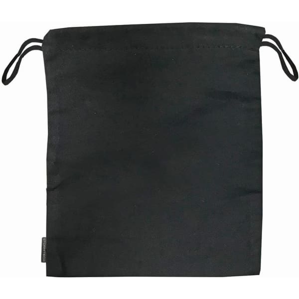A black drawstring bag with two cords at the top and a simple design, featuring a small logo.