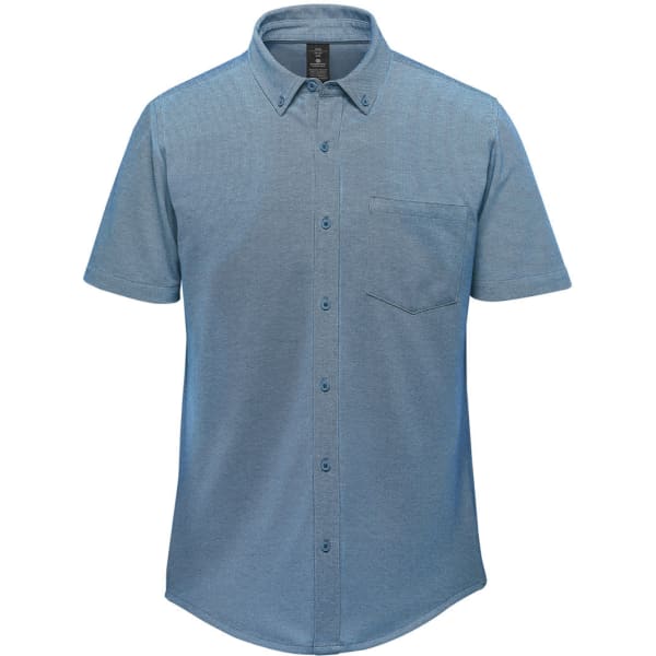 A short-sleeved knit shirt in a blue hue with a button-up front and a chest pocket, featuring a logo.