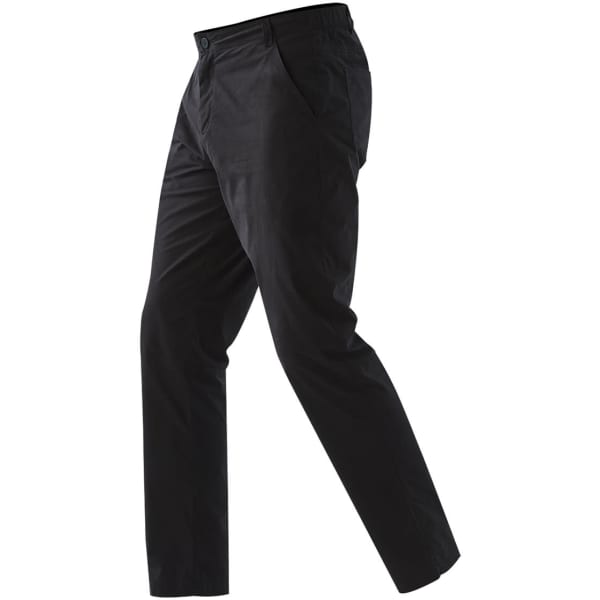 A pair of black performance cargo pants featuring a waistband and side pockets, with a logo present.