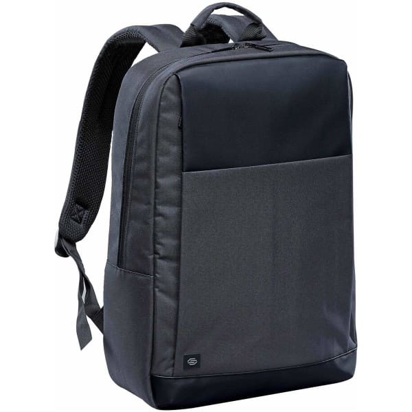 A black backpack with a sleek design, featuring a large front pocket and padded straps. It has a logo on the front.