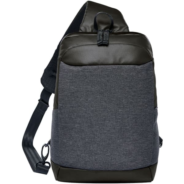A grey and black sling backpack with a single adjustable strap and a pocket on the side, featuring a logo.