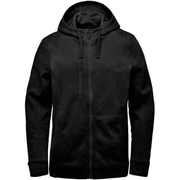 A black fleece hoody featuring a zip front, hood, and side pockets, with a logo on the chest.