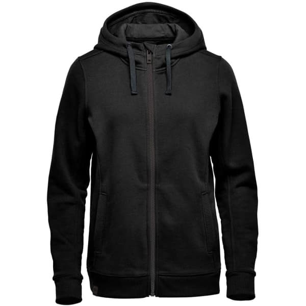 A black women's Dolomite fleece hoody, featuring a zip front and a hood, with a branding logo on the fabric.