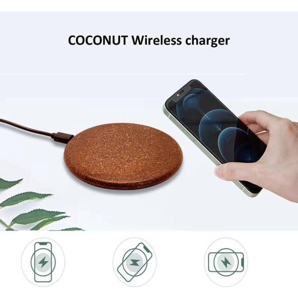 A round, brown wireless charger with a textured surface and a phone being placed on it. Features a cable connection.