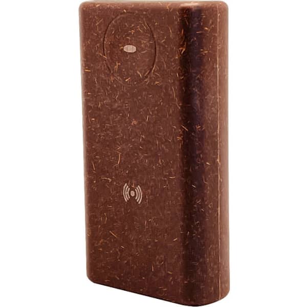 A brown power bank with a wireless charging feature and a logo, made from coconut materials.
