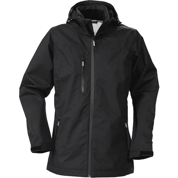 A black Coventy Ladies Sport Jacket featuring a hood and zippered pockets, with subtle branding.