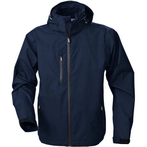 A navy blue men's sport jacket with a hood, featuring multiple zippered pockets and a logo.