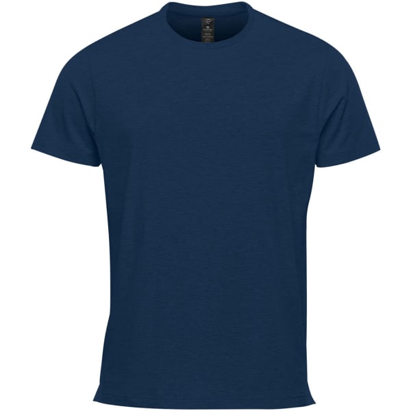 A navy blue short-sleeve t-shirt with a crew neck and a simple design, featuring a logo on the tag.