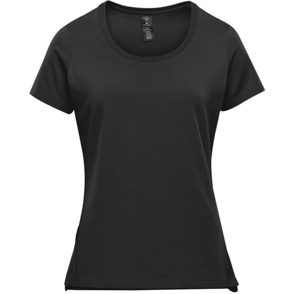 A black women's t-shirt with a scoop neck and short sleeves, featuring a branding logo.