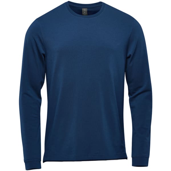 A navy long-sleeve t-shirt featuring a crew neck and a logo on the label. Ideal for casual wear.
