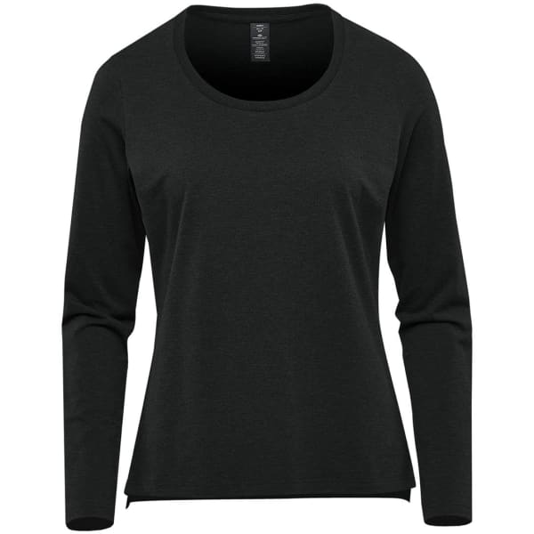 A black long-sleeve women's t-shirt with a round neckline and a logo tag inside.