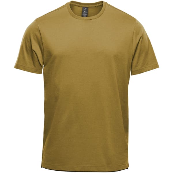 A short-sleeved olive green t-shirt with a simple design and straight hem, featuring a logo on the label.