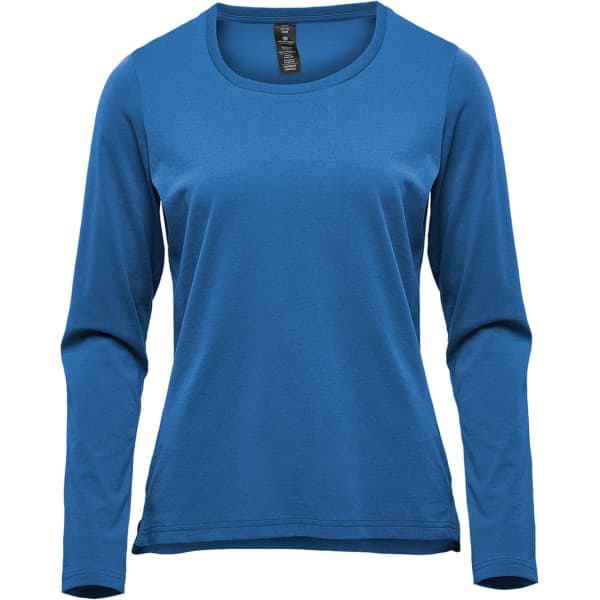 A long-sleeve women's T-shirt in a vibrant blue colour, featuring a round neckline and a logo.
