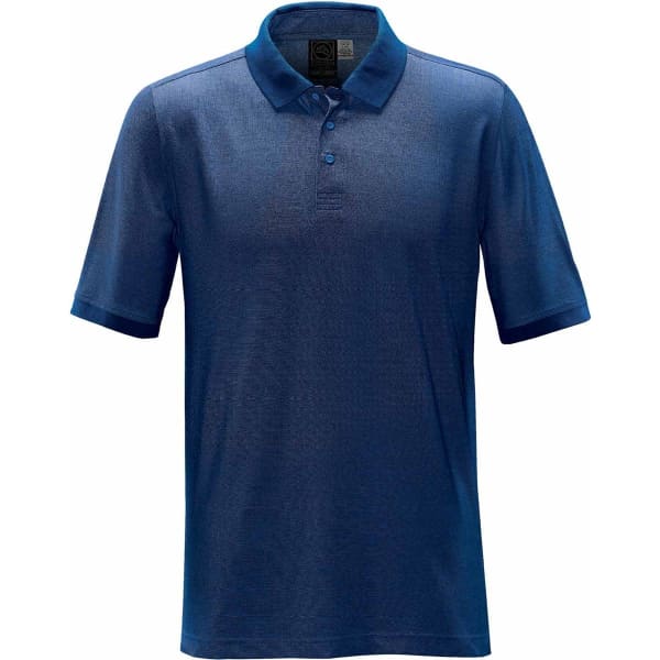 A navy blue men's polo shirt made of poly cotton, featuring a collar and short sleeves. It has a logo.