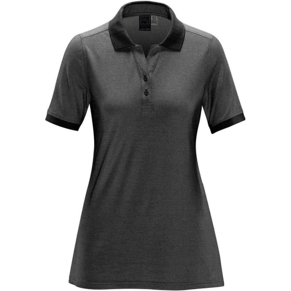 A women's polo shirt in dark grey with a contrasting black collar and cuffs. It features a logo.