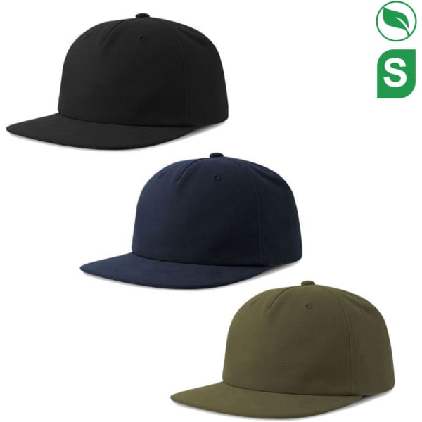 A collection of three caps in black, navy, and olive green, featuring a logo on each.