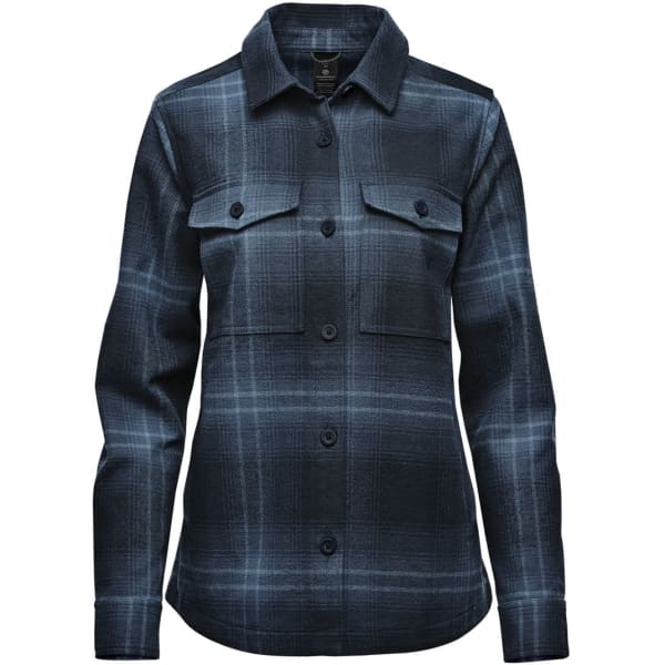 A women's shacket in dark blue with a plaid pattern, featuring two chest pockets and button closure.