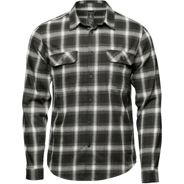 A green and white checkered button-up shirt featuring long sleeves and two chest pockets. It has a logo present.