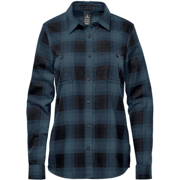 A women's long-sleeve button-up shirt in a black and teal plaid pattern, featuring a two-pocket design.