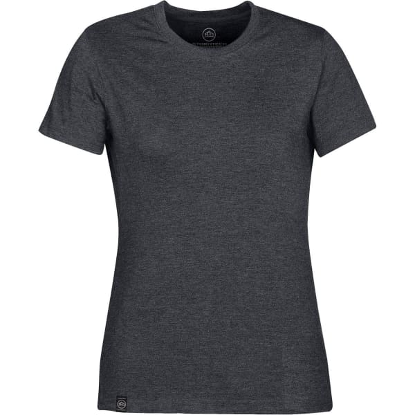 A women's short-sleeve t-shirt in dark grey with a simple design and a logo tag at the hem.