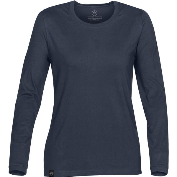 A navy long-sleeve women's t-shirt with a round neck and a logo on the hem.