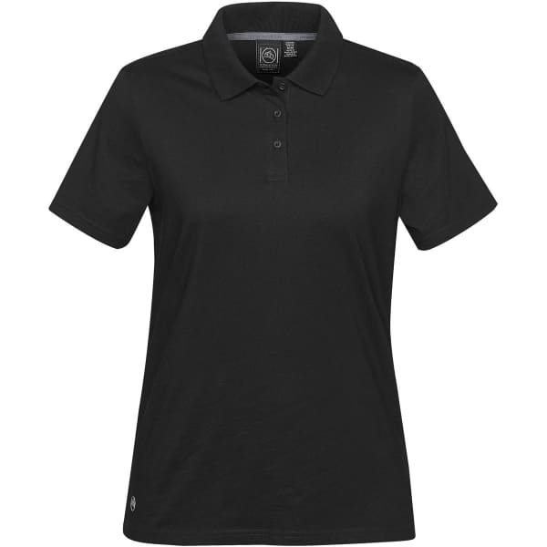 A black women's cotton polo shirt with a classic collar and a logo on the hem.
