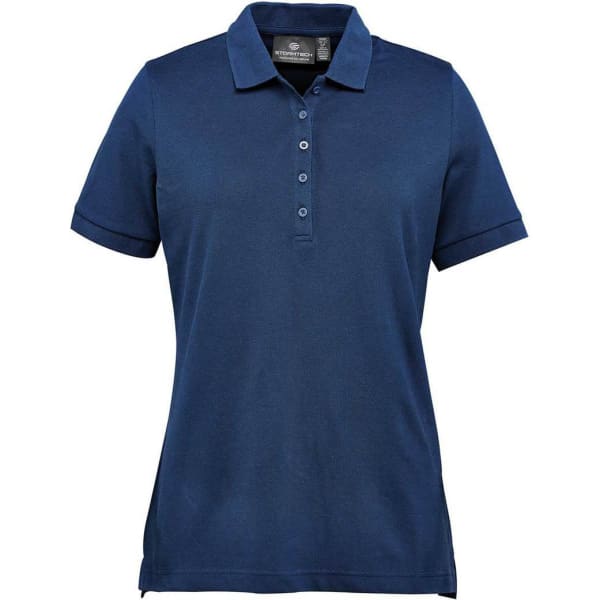 A navy blue women's polo shirt with a collar and buttons, featuring a logo on the chest.