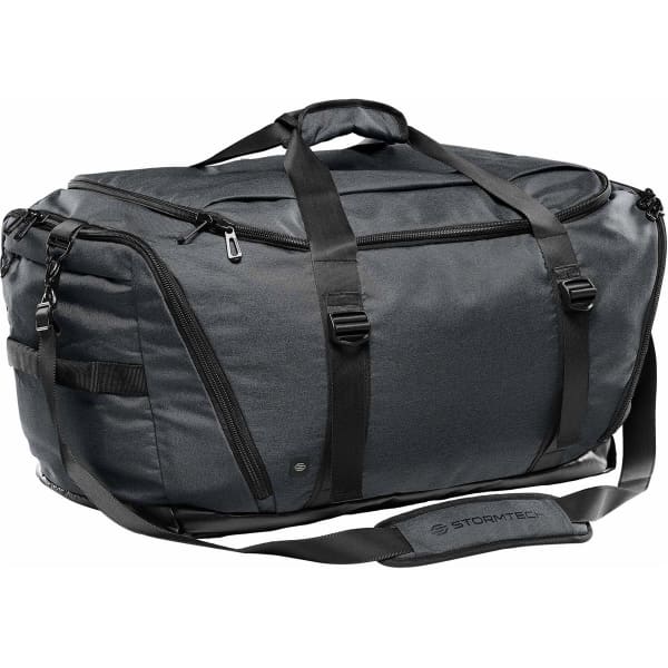 A grey duffle bag with black straps, featuring multiple compartments and a logo on the side.
