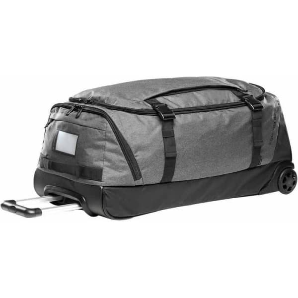 A wheeled duffle bag in grey with black accents, featuring a retractable handle and wheels for easy transport.