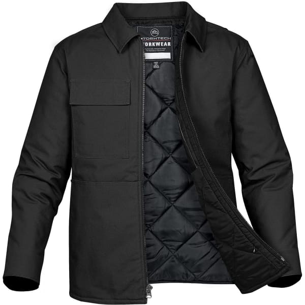A black men's work jacket featuring a quilted interior and one front pocket, with a logo visible inside.