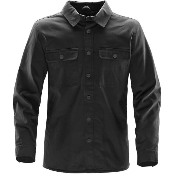A black work jacket featuring a collared design and two chest pockets, with buttons down the front and a logo.