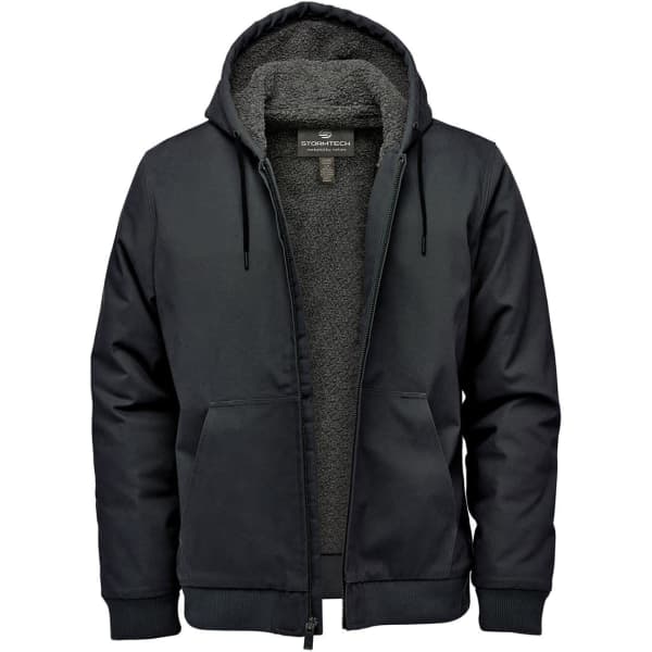 A black men's work hoodie with a zip front, a lined interior, and a hood. It has two front pockets and a logo.