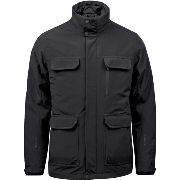 A black rain jacket featuring multiple pockets and a high collar, with a logo on the front.