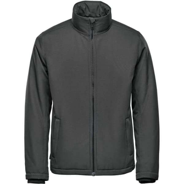 A men's thermal jacket in dark grey, featuring a zip-up front and a high collar, with side pockets.