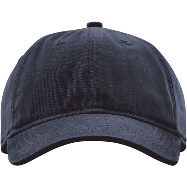 A dark navy canvas cap with a curved brim and a logo on the front.